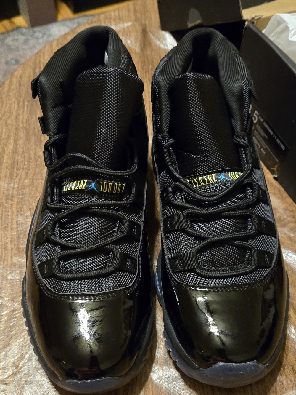 Air Jordan 11 Retro Black Patent Leather Sneakers with Light Blue Jumpman - Picture 5 of 9